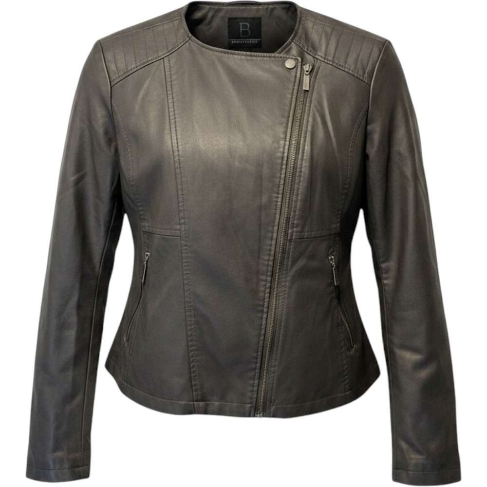 B by Bernardo Moto Jacket Faux Leather Asymmetric Zip Large Gray Biker Chic